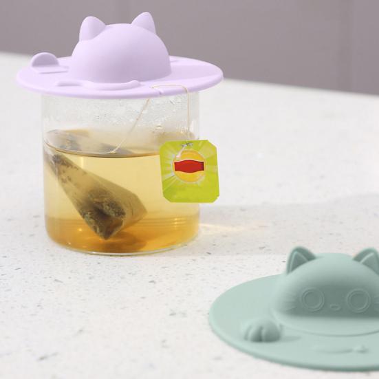 Silicone Cup Lid Heat Resistant Non-Slip Cat Head Design Cup Insulator Lid with Tea Bag Holder Dishwasher Safe Cup Cover for Coffee Milk Tea