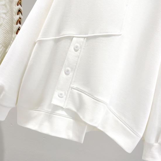 Women Solid Color Sweatshirt Half Sleeve Irregular High Collar Long Hem Pullover Tops Buttons Decor Tops Streetwear