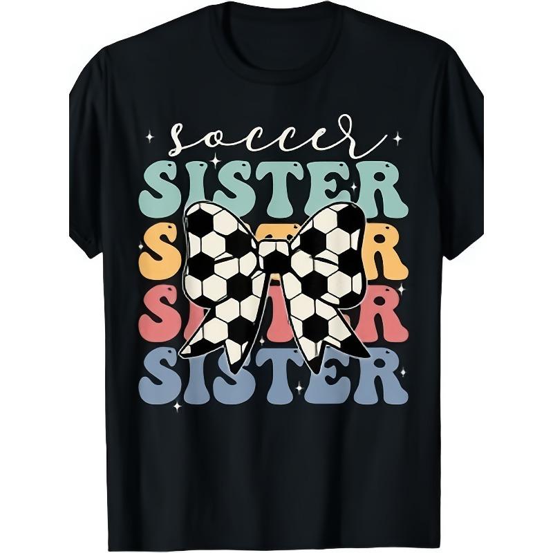 European sizes Men s & Suitable for Soccer Sister Bow Design T-Shirt - Soccer-Themed Apparel, Breathable Round Neck Short Sleeve Shirt S чёрный