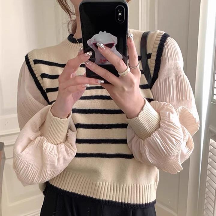 Fake Two Bubble Sleeve French Sweater Women's Autumn/Winter Striped Unique Long Sleeve Top