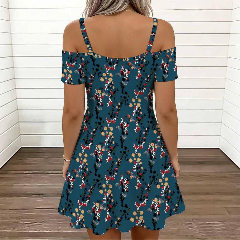 Women Adjustable Strap Plus Size Dress Ink Floral Printed Loose Summer Sundress