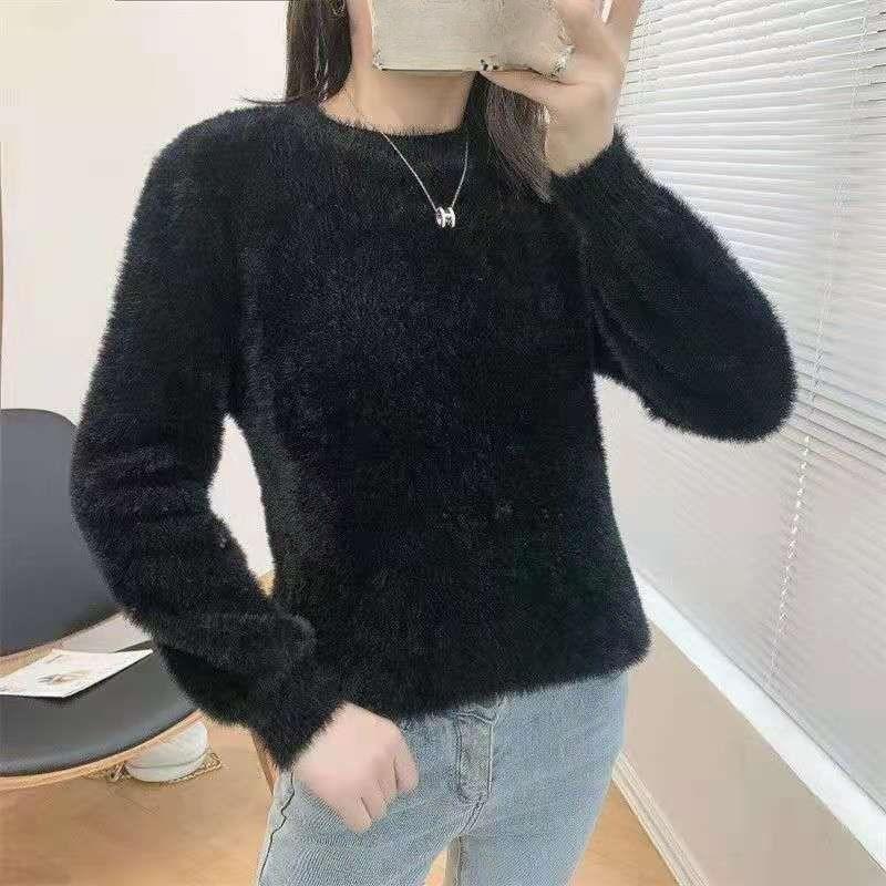 Zimowe swetry z wełny imitującej norki, ciepłe, polarowe, jednokolorowe, damskie, elastyczne, swobodne, z okrągłym dekoltem i długimi bufiastymi rękawami, damskie, dzianinowe topy