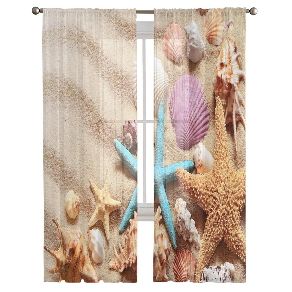 Beach Seashell Starfish Conch Curtain Living Room Bedroom Voile Drape Kitchen Window Tulle Curtains Home Essentials Sheer Polyester Great Decor