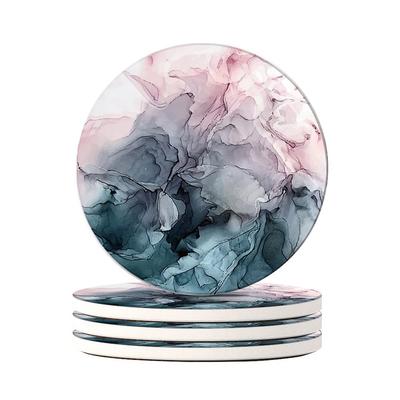 HAOCOO Stylowe Ceramiczne Podkładki pod Kubki z Wzorem Marmuru i Korek na Spodzie, Okrągłe, Zestaw 4 sztuk, do Kubków i Podkładek pod Filiżanki, Izolacja, Lepsze Niż Diatomitowe