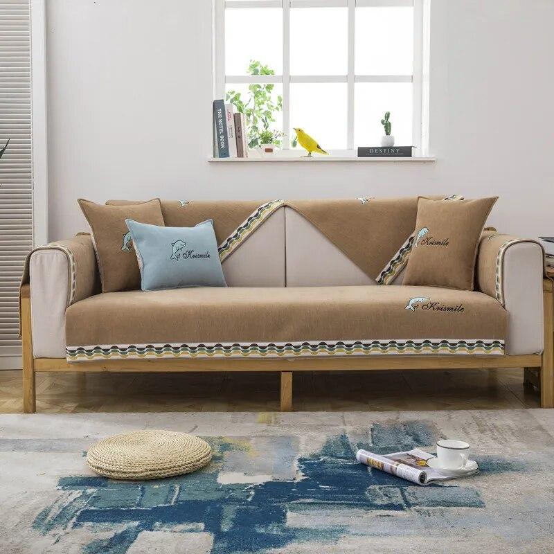 Chenille Dolphin Embroidered Sofa Towel Universal Sectional Solid Color Sofa Cover Modern Anti-slip Couch Cover for Living Room
