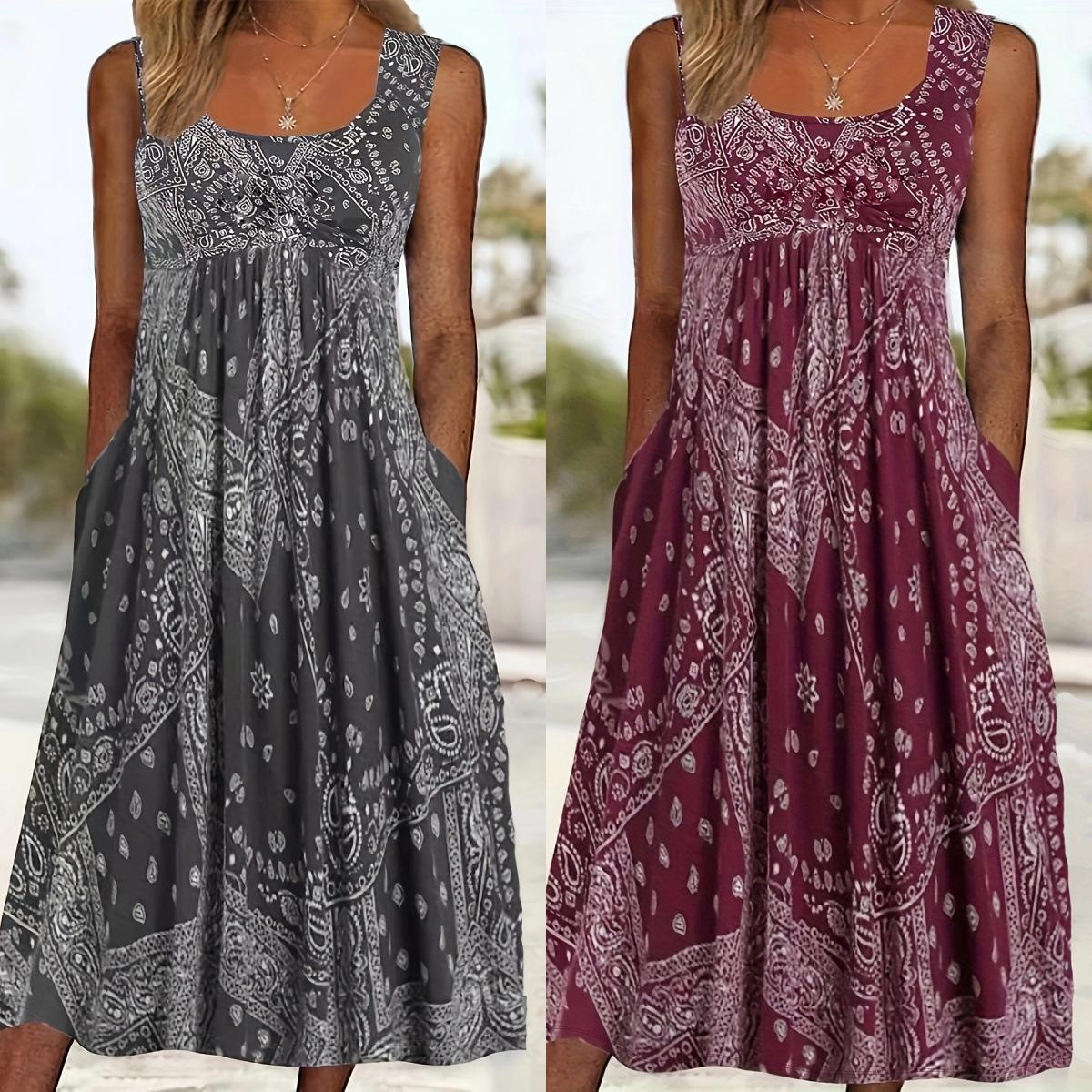

Women s Sleeveless Paisley Print Dress with Square Neckline, Bust Gathers, and Pockets 1XL темно-сірий