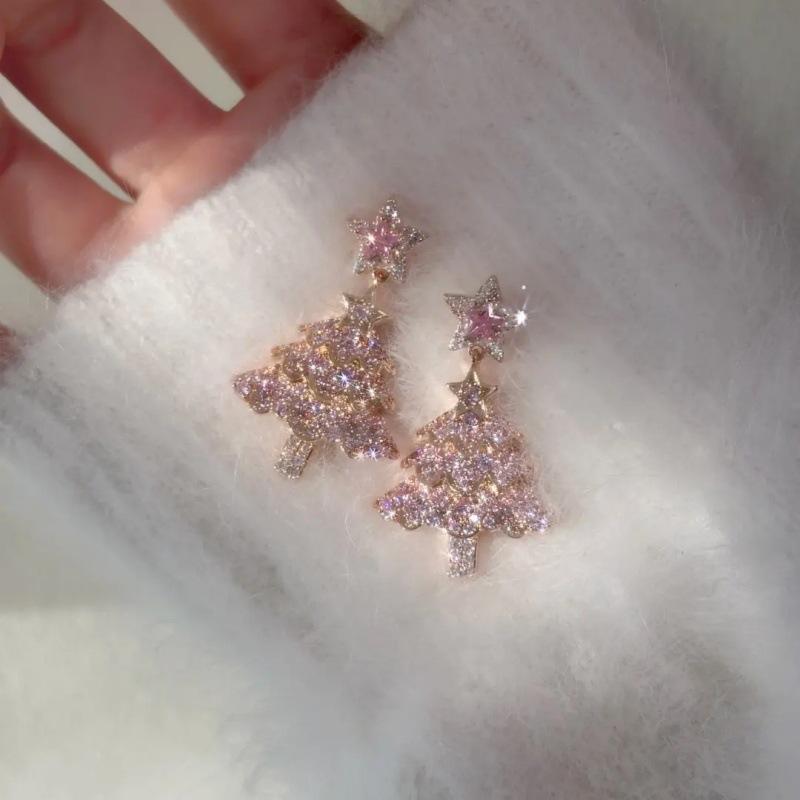 Pink Christmas Tree Five-pointed Star Earrings for Women's High-end Sense of Unique Niche Earrings for Women's New Popular Christmas Ear Ornaments