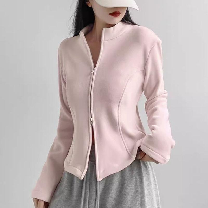 Women Stand Collar Fleece Jacket Lady Girls Zip-up Sport Style Yoga Jacket Solid Cardigan Jacket