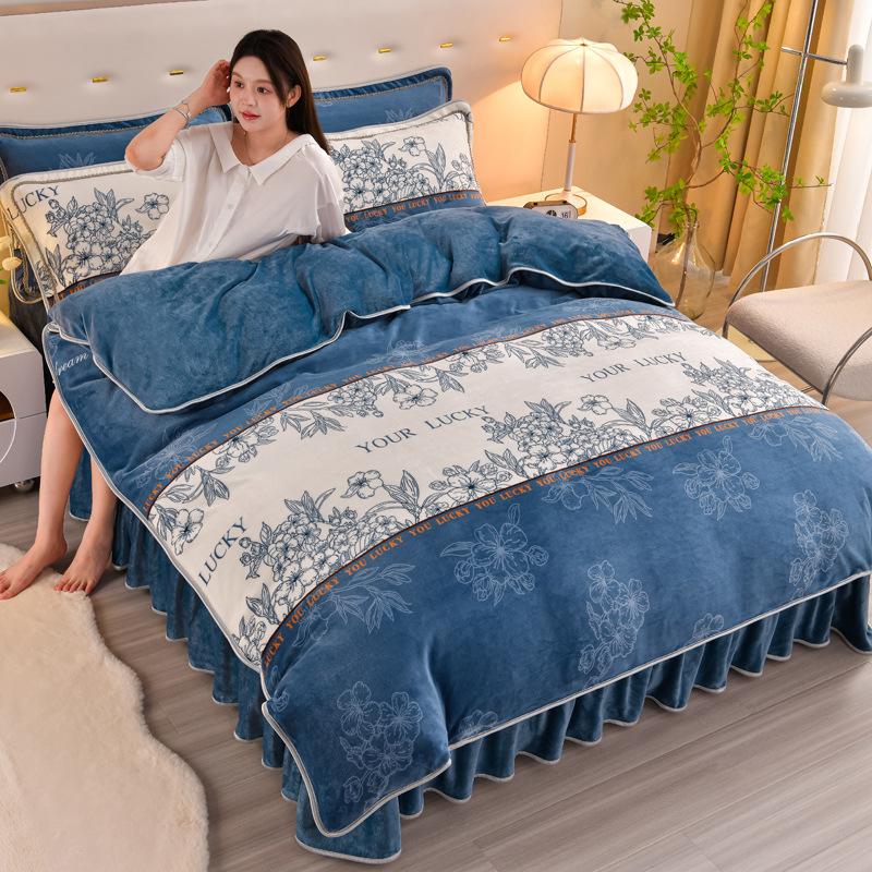 Thickened Milk Fleece Four-Piece Coral Fleece Quilt Cover, Bed Sheet Fleece Double-Sided Fleece Flannel Bedding, Bed Skirt