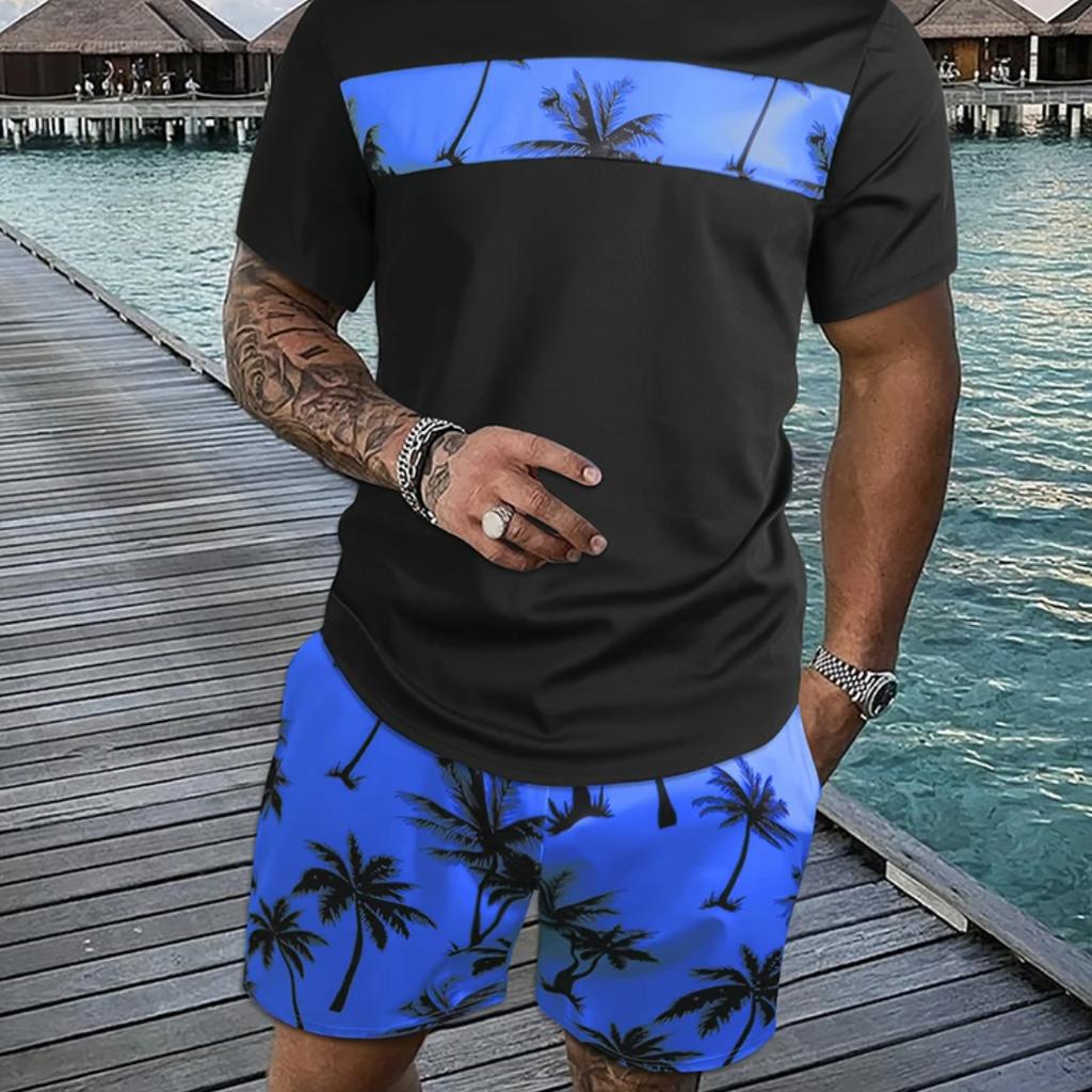 Men's Summer Tropical Coconut Tree Print Graphic Short Sleeve Shorts Set Summer Men's Crew Neck T-Shirt and Drawstring Short Set