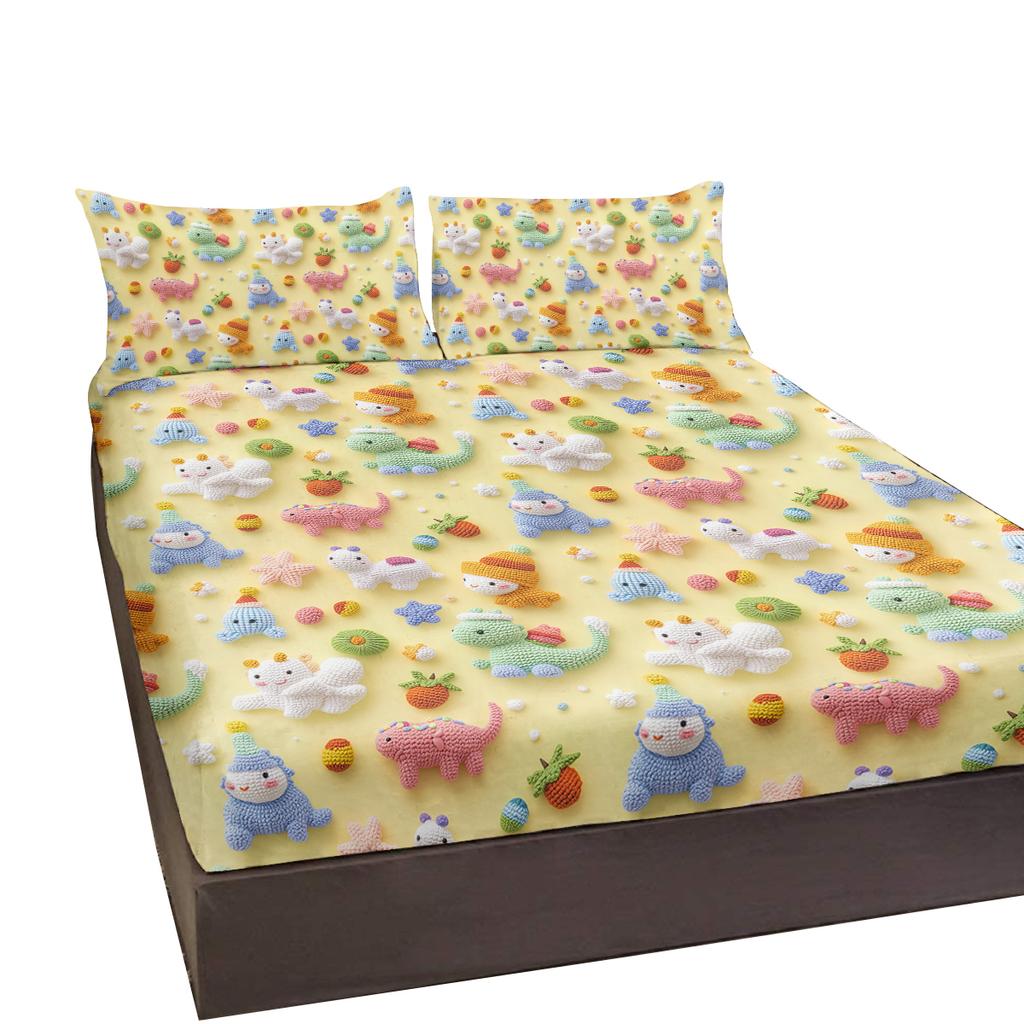 Cotton Dinosaur 3-Piece Bedding Set, Cute Dinosaur Type With 2 Pillowcases, Suitable For Bedroom (Fairy Tale, Children'S Day)