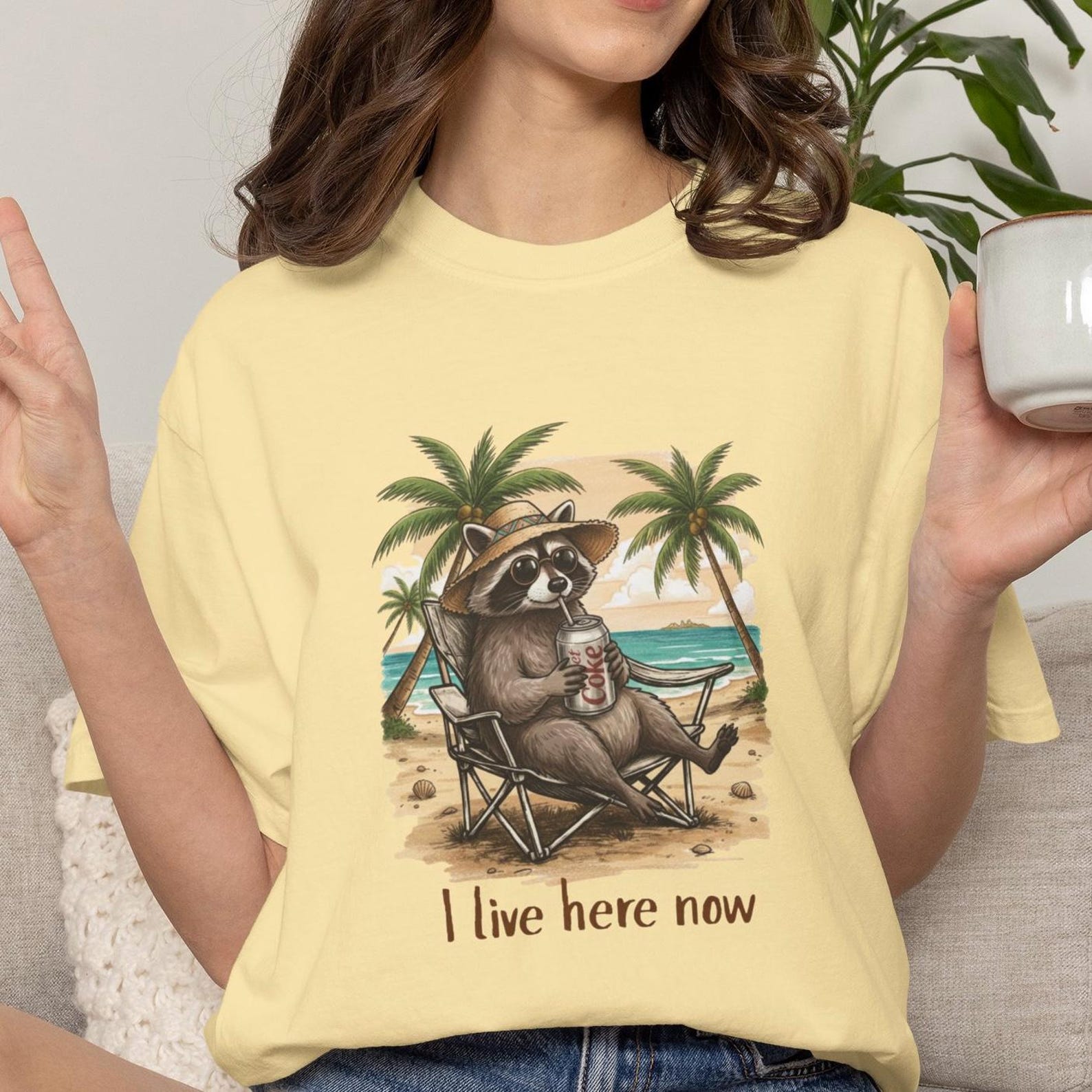 I Live Here Now Raccoon Tshirt, Cute Raccoon Beach Tee, Trendy Beach Shirt, Comfort Colors Summer Vibes t-shirt S