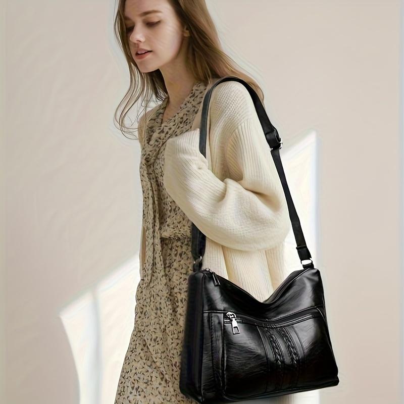 Women's Large Capacity Soft PU Leather Shoulder Bag With Multiple Zipper Compartments, Simple Crossbody Casual Purse