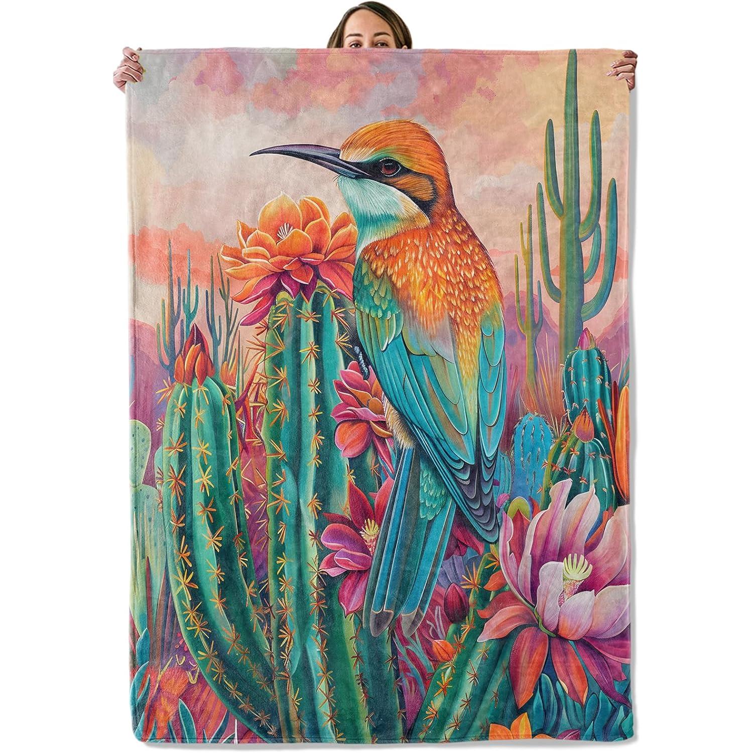 

Bird and Cactus Gifts, Colorful Bird Blanket for Adults Women Kids,Cozy Fuzzy Warm Soft Throw Blankets for Bedroom, C 75x90cm
