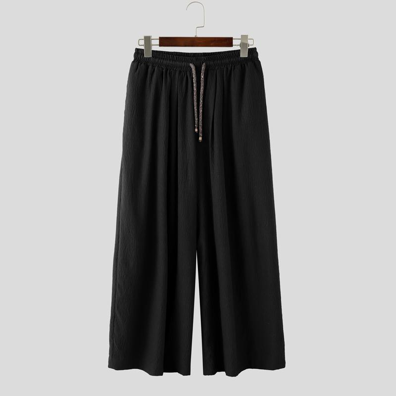 

INCERUN мужские эластичные брюки с завязками на талии, однотонные, повседневные, широкие брюки 2XL чёрный