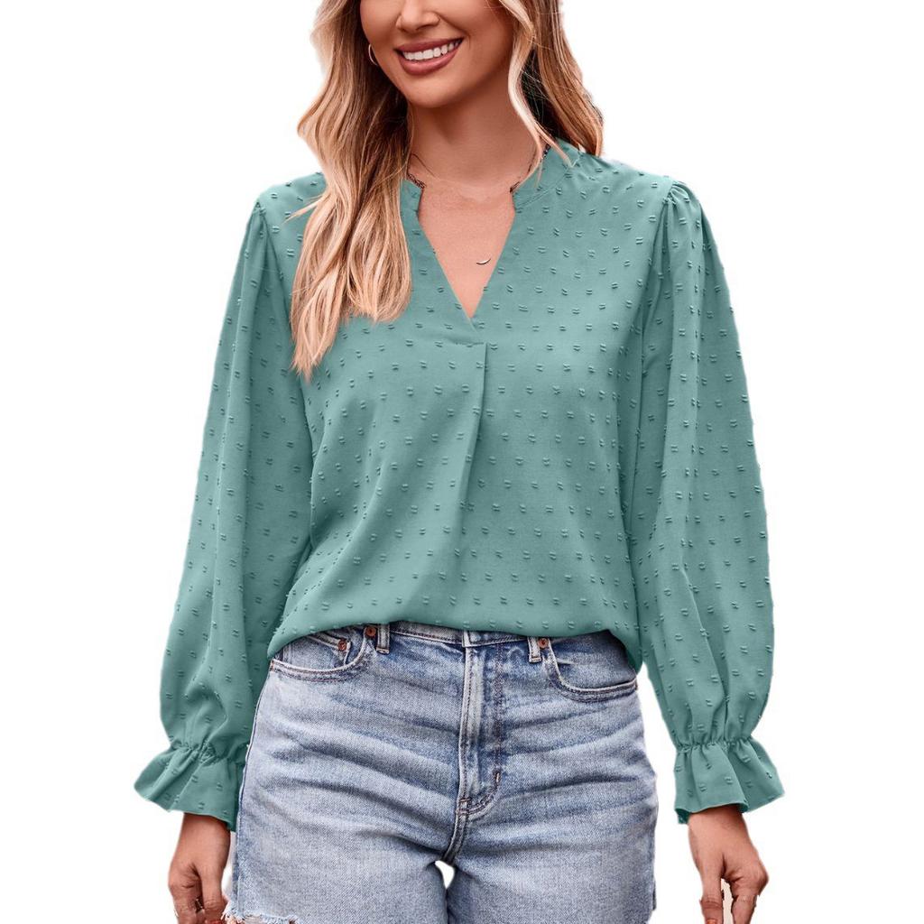 Dame Mote Casual Ensfarget V-hals T-skjorte Løs Langermet Topp