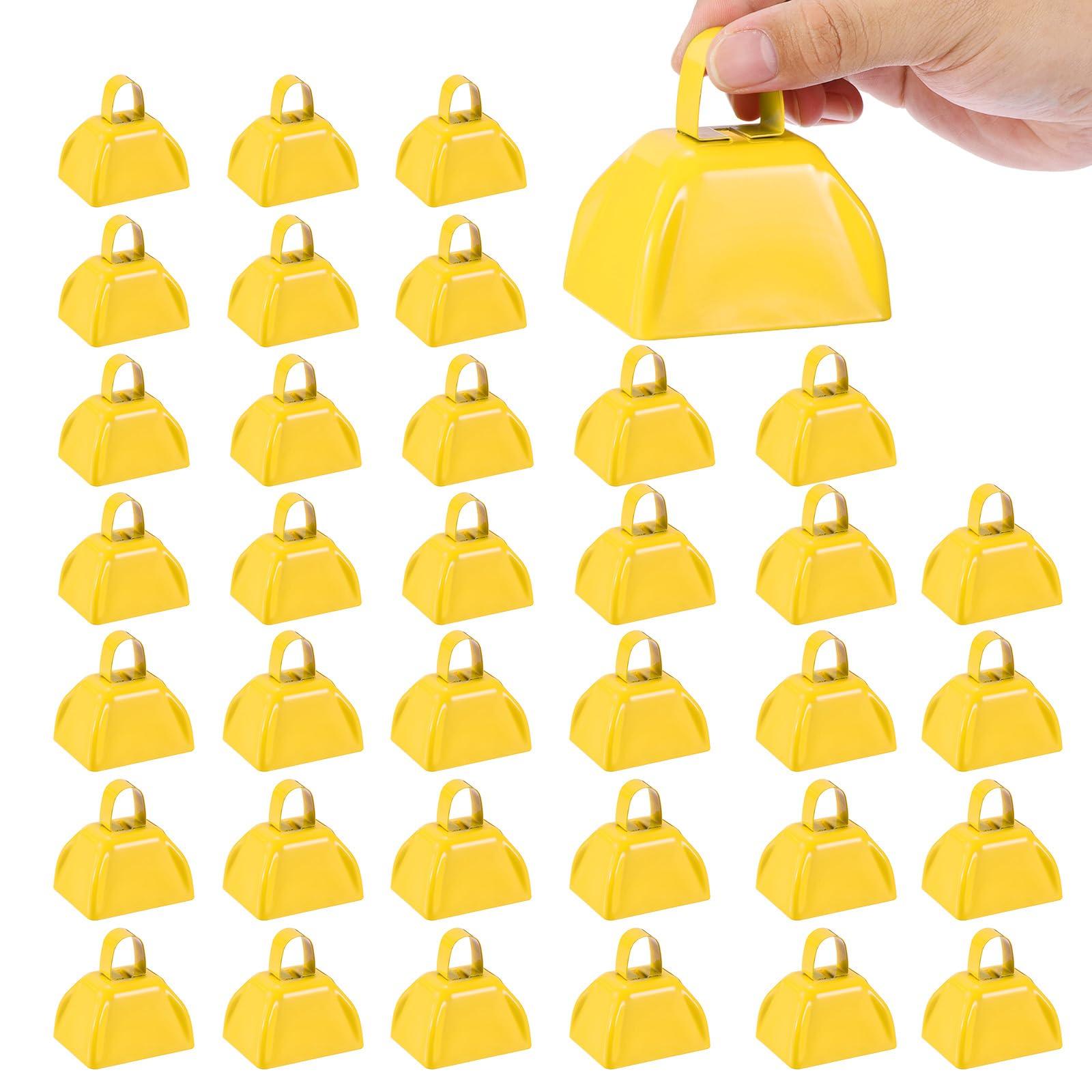 

ПАТИКЛ 36 коровьих колокольчиков для футбольных матчей, 3-дюймовые коровьи колокольчики для спортивных мероприятий, громкие металлические коровьи колокольчики с ручками для болельщиков и свадеб, желтые