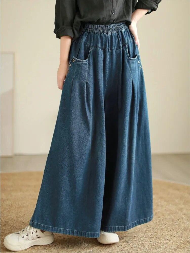 

Johnature женские винтажные широкие брюки с эластичной резинкой на талии и карманами в стиле пэчворк, свободные брюки, весенние однотонные брюки XL синий