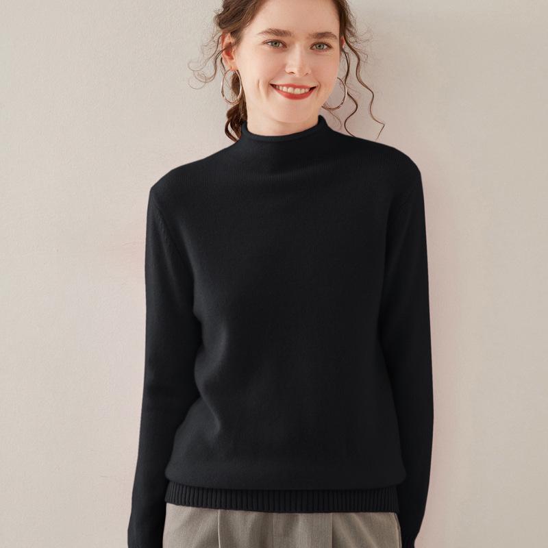 Women's Wool Blend Half-High Neck Knit Sweater - Fashionable Thickened Pullover for Autumn/Winter