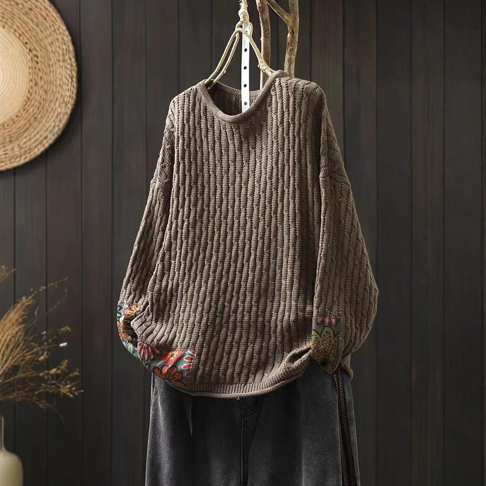 Winter Fall Fashion Vintage Sweater Women s O-neck Loose Casual Lazy-style Casual Pullover Flower Print Patchwork Knitwear One Size 3550₽