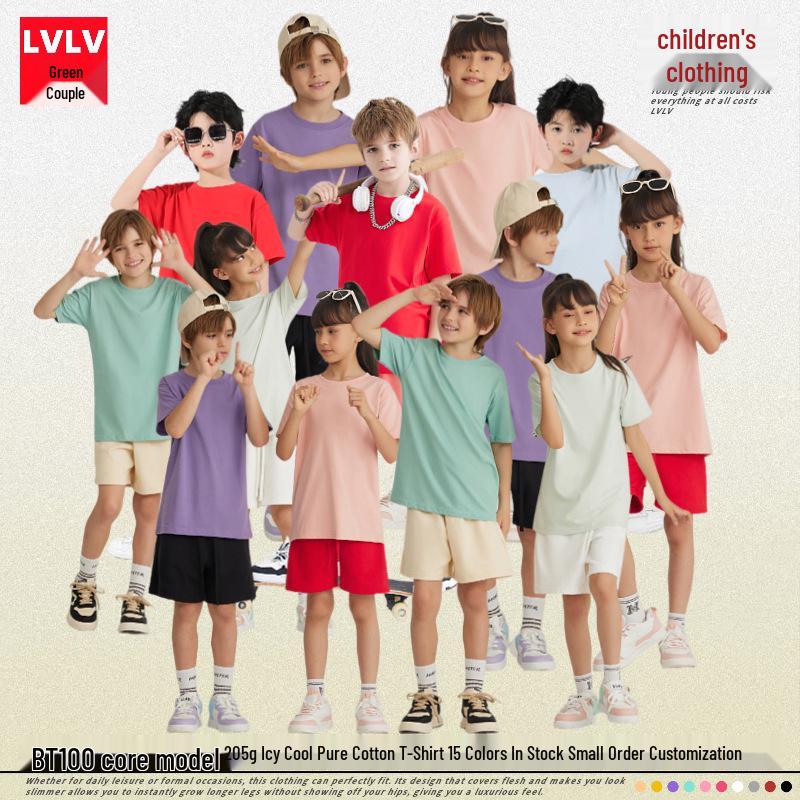 LVLV Kids' Ice Cool Combed Cotton Crew Neck T-Shirt, Short Sleeve, Parent-Child Design with Printed Logo for Boys and Girls.