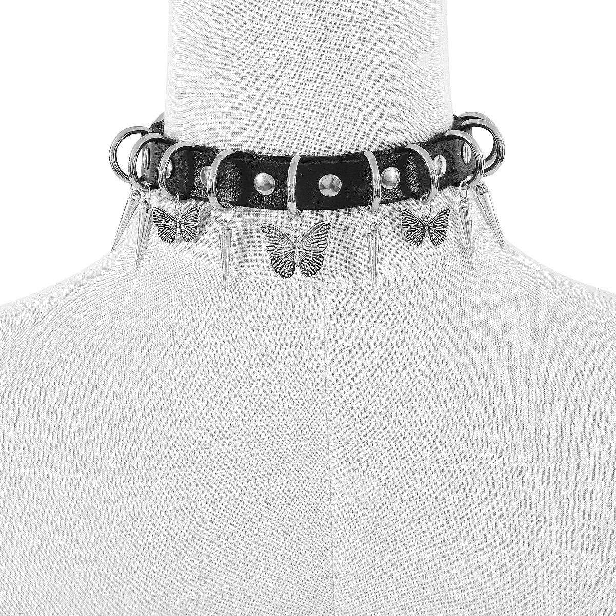 

Сладкий и крутой стиль персонализированный ПУ ошейник женский, заклепки бабочка креативный рок оригинальный стиль кожаное ожерелье чёрный