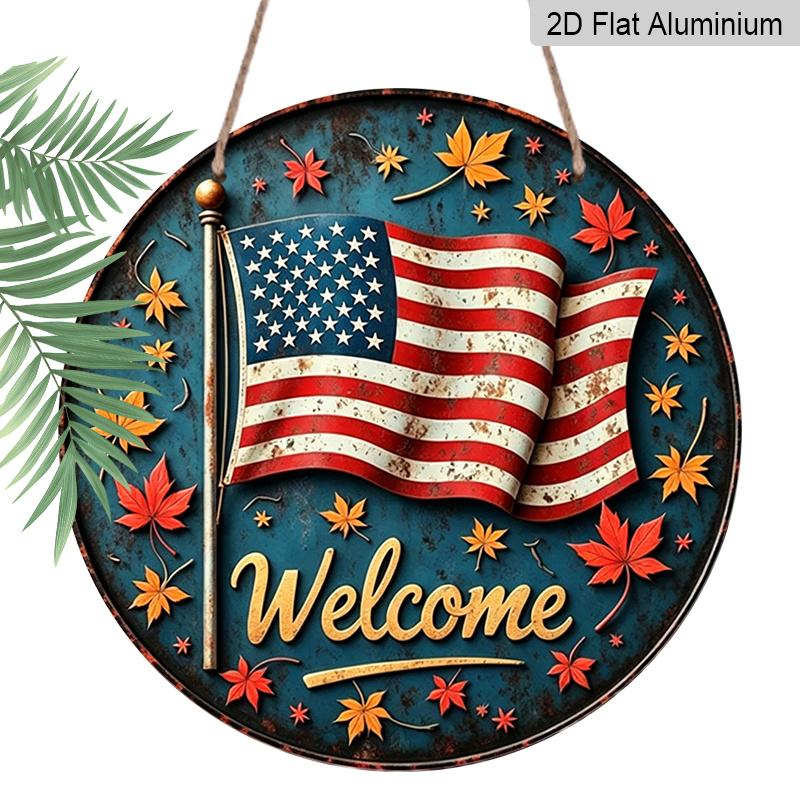 

2D Flat, 1pc Vintage American Flag Welcome Sign - Rustic Metal Wall Art with Golden Welcome Banner, Maple Leaf & Flag Design, Durable Aluminum Round 7.87x7.87inch