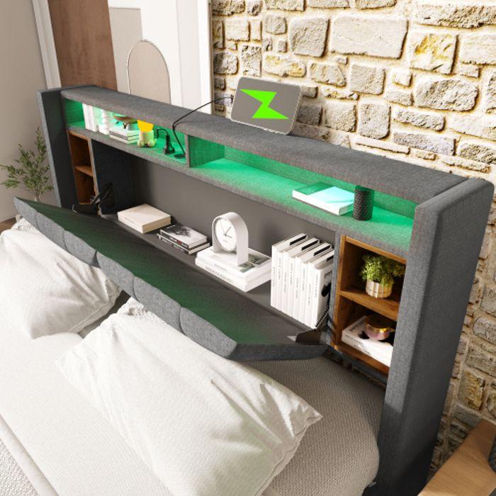 Lit double capitonné - MUVOE - 140x200CM - Avec chargeur USB - Éclairage LED - Rangement intégré