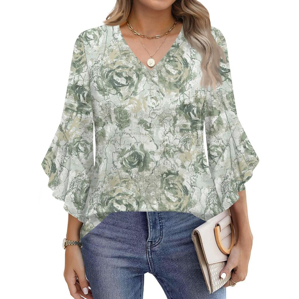 Blouses For Women Dressy Casual 3/4 Length Sleeve Womens Tops V Neck Tshirts Shirts With Flared Sleeve
