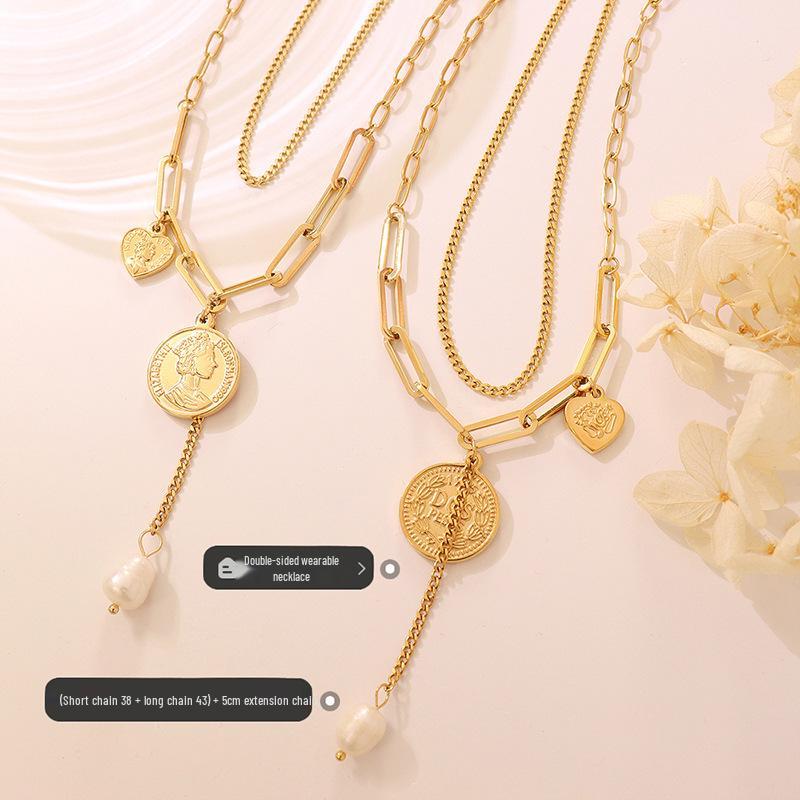 Retro Double-Layer Portrait Pendant Necklace, 18K Gold-Plated Titanium Steel, European & American Design, Clavicle Chain