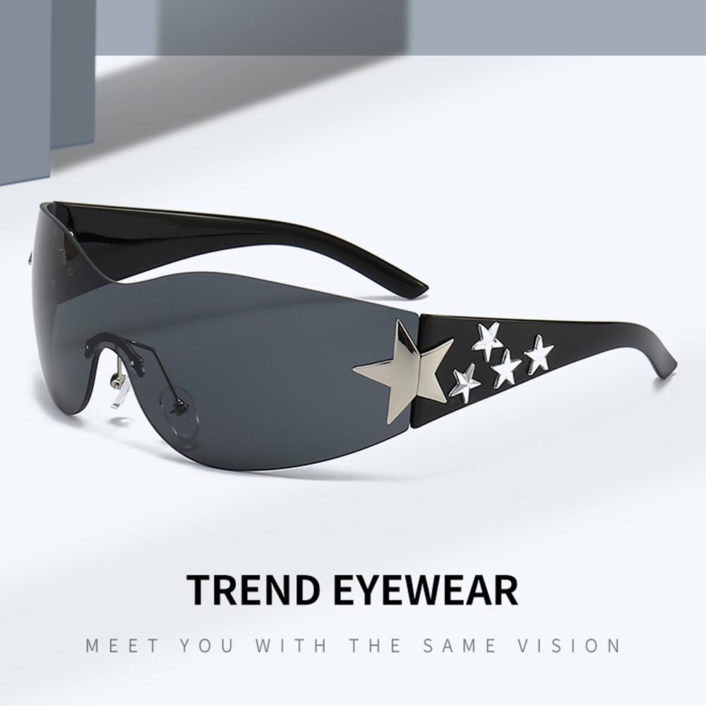 Y2K Wrap Around Rimless Sunglasses Stars Decor UV400 Protection Cool Shades for Women Men