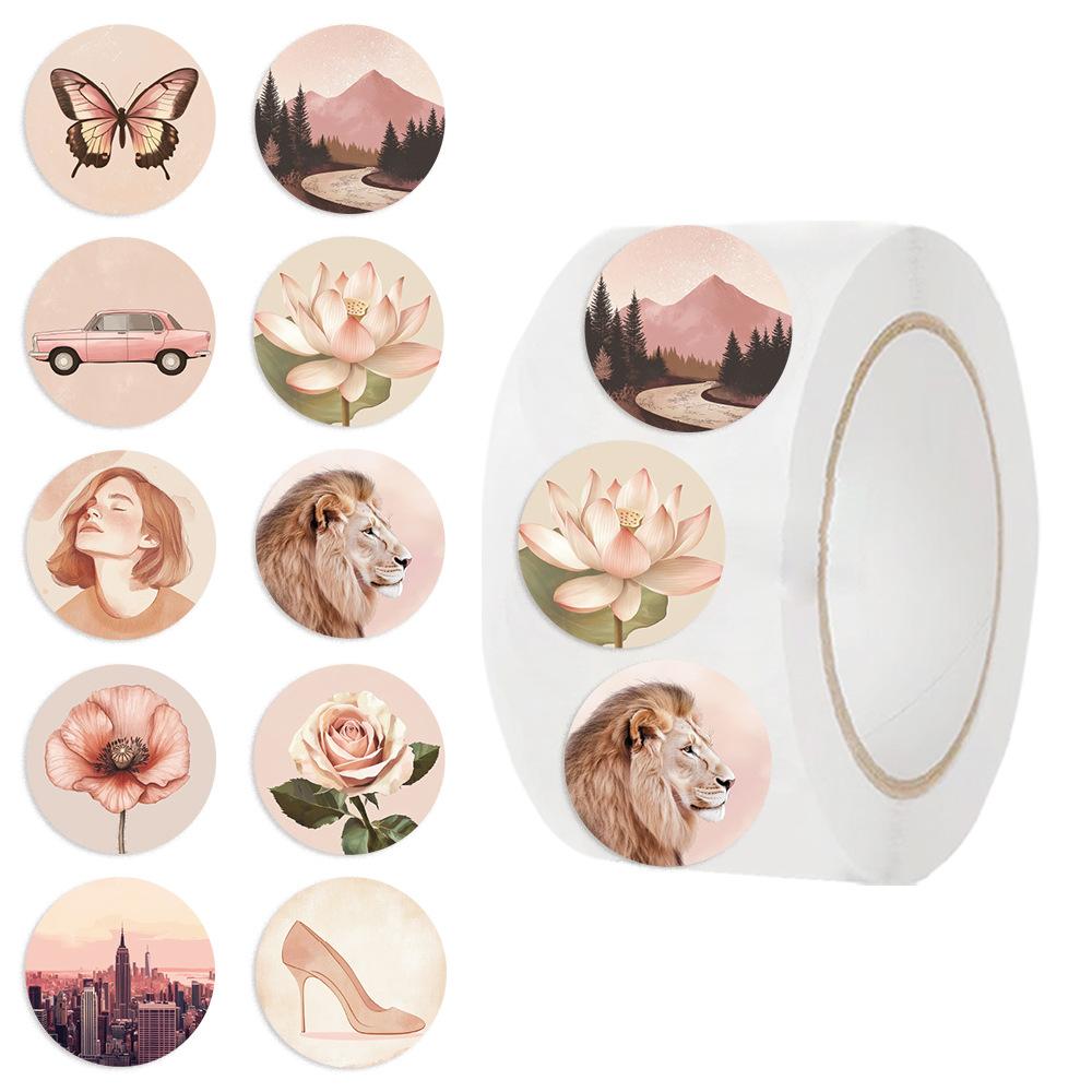

500 Pieces/roll Sticker Roll Sticker Cartoon Retro Print Creative Handbook Material Self-adhesive Seal Sticker