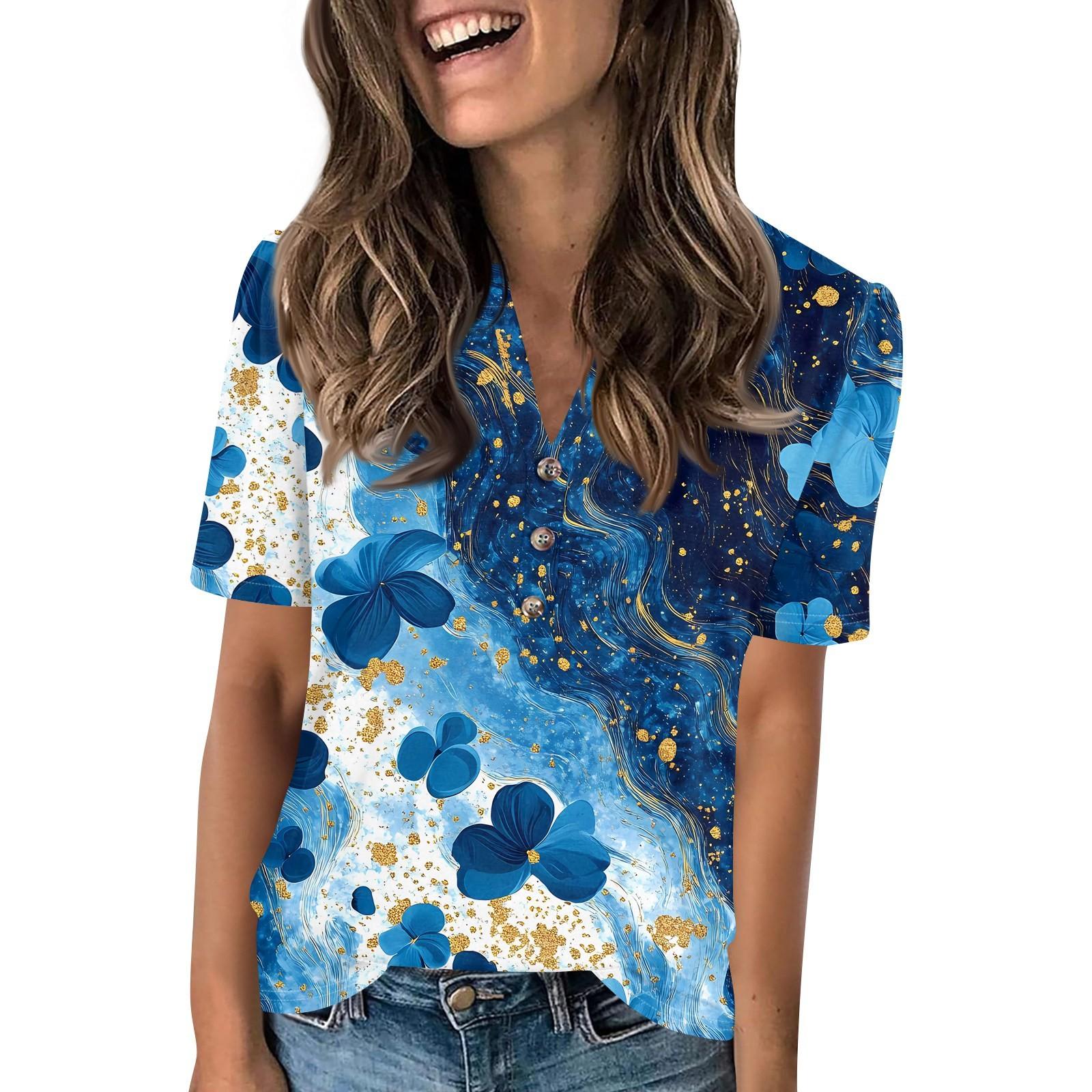 

Женский модный повседневный свитер с коротким рукавом и принтом на пуговицах и V-образным вырезом L синий