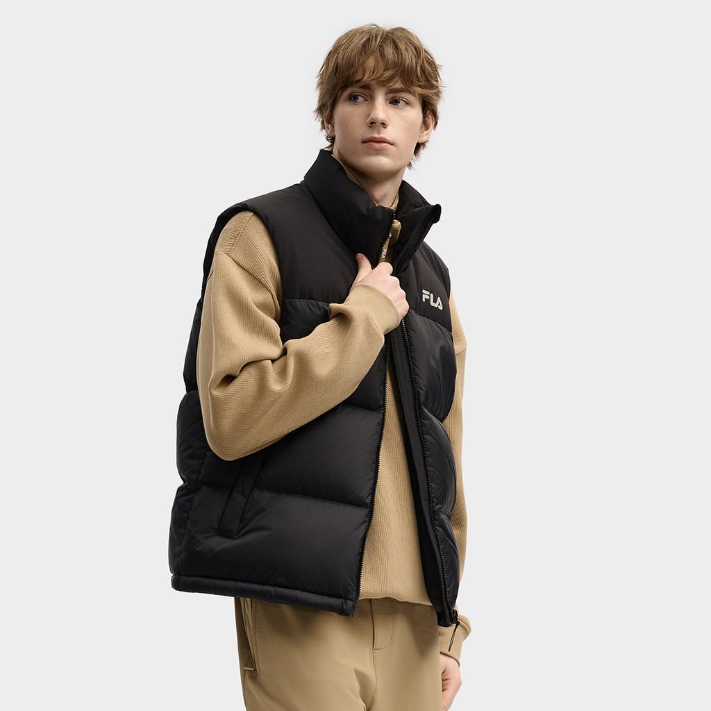 FILA Original RGB Multicolor Fashion Simple Classic Versatile Comfortable Casual Warm Zipper Stand Collar Logo Solid Color Down Vest F11M549906F-BK