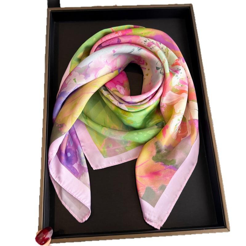 Versatile new floral simulation silk printing silk scarf square scarf high-end shawl sunscreen neck scarf headscarf women