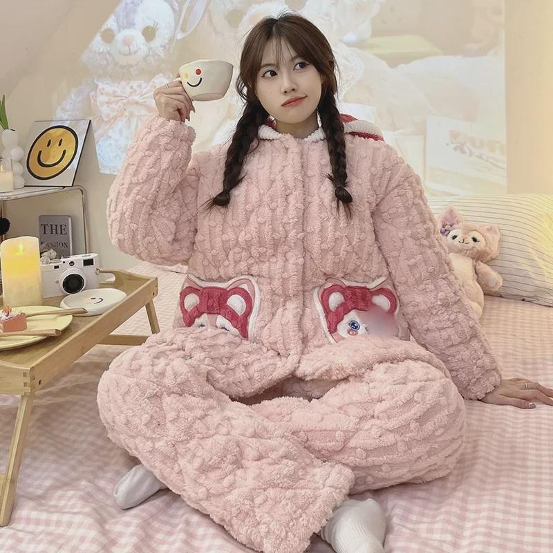 Dámská prošívaná flanelová pyžamová souprava: Hustá bunda s kapucí, zimní noční košile, župan a kalhoty ve velké velikosti