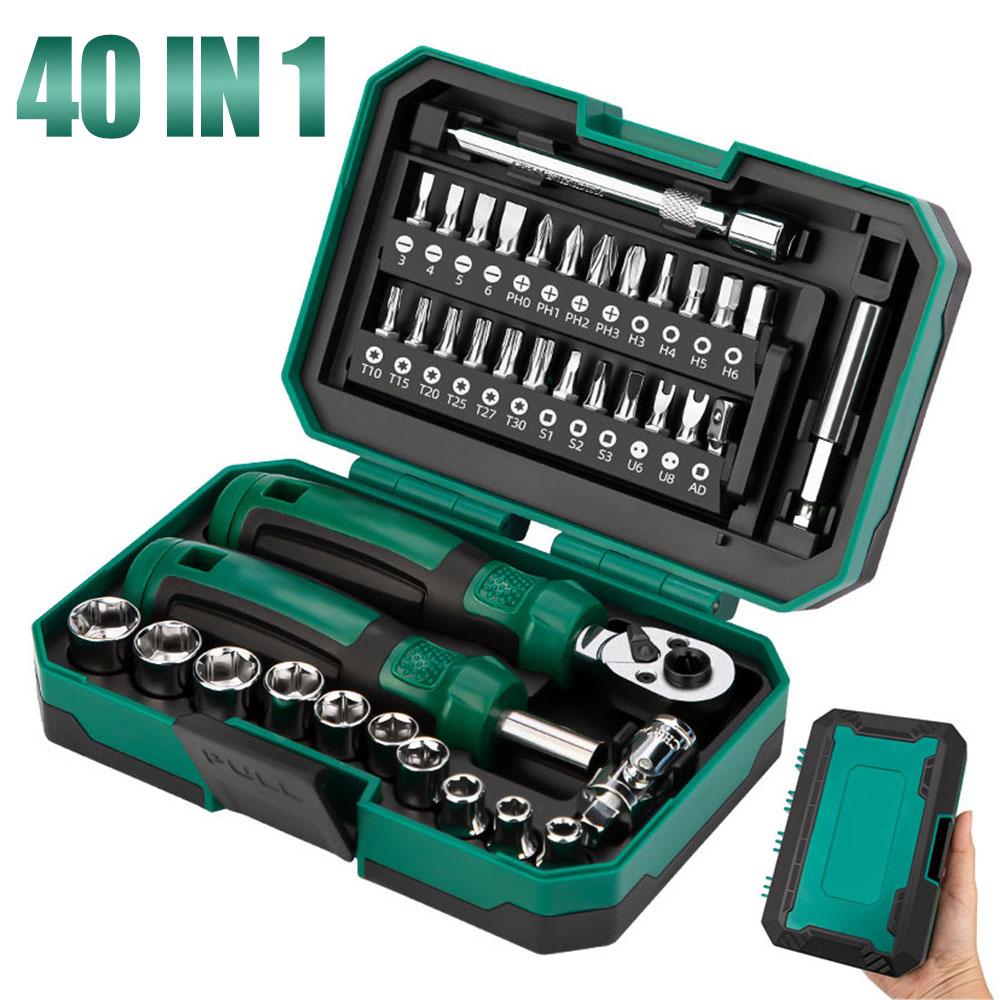 40 in 1 Screwdriver Ratchet Wrench Kits with 6.3mm Screwdriver Extendion Rod DIY Household Repair Tools Magnetic Screwdriver Set