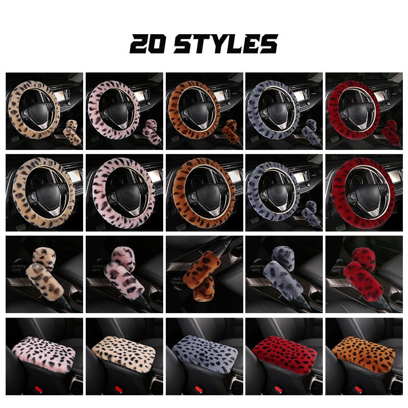 Luxury Leopard Winter Car Steering Wheel Cover Fur Imitation Rabbit Hair Soft Plush Gear Handbrake Case Car Interior