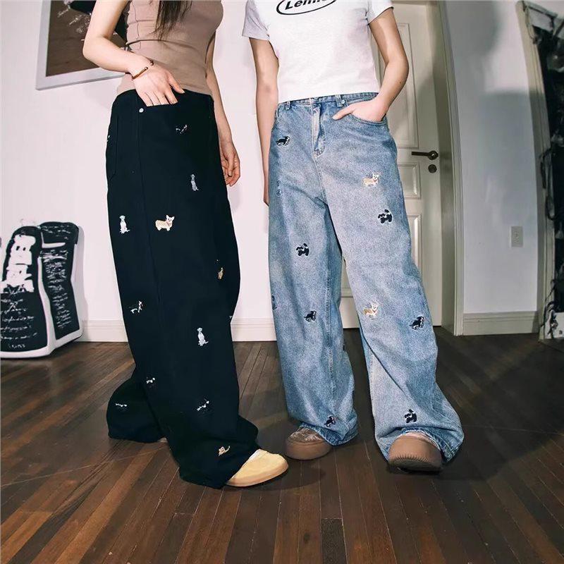 

Men s Lemanism Cartoon Puppy Embroidered Denim Jeans, 2025 Spring Collection, Straight-Leg, Loose Fit Casual Pants. L синій