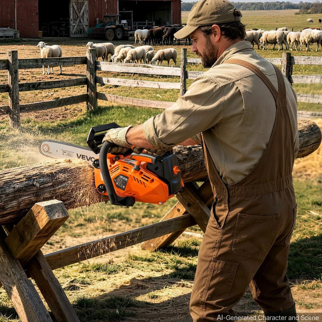 VEVOR Gas Powered Chainsaw 304.8 mm 25.4CC 0.75kW 2 Stroke Engine Chainsaw, for Wood Cutting, Tree Trimming & Land Clearing