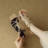 Fashion New Summer Sandals Split Leather Sandals for Women Fashion Round Toe High Heels Sandals Ladies Shoes Golden Gladiator Shoes