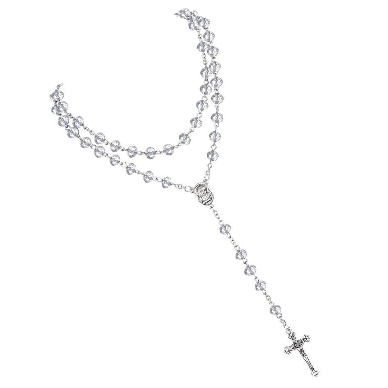 652F Catholic Rosary Crystal Beads Necklace with Miracles Medals Crosses Crucifix First Communion Rosary for Women Men
