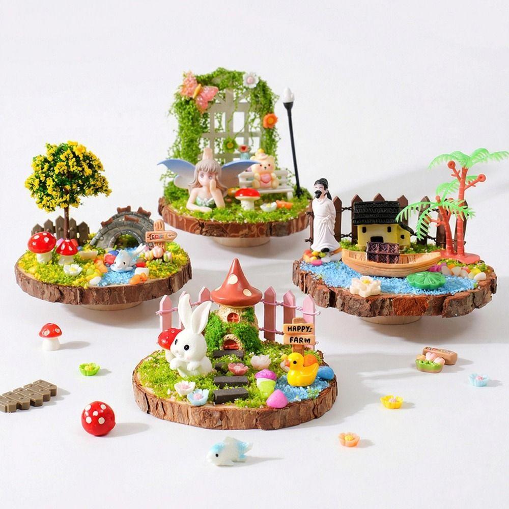 Multicolor Landscape DIY Material Kit Resin Wood Base DIY Miniature Landscape Ornaments Cartoon Statue Mini Size