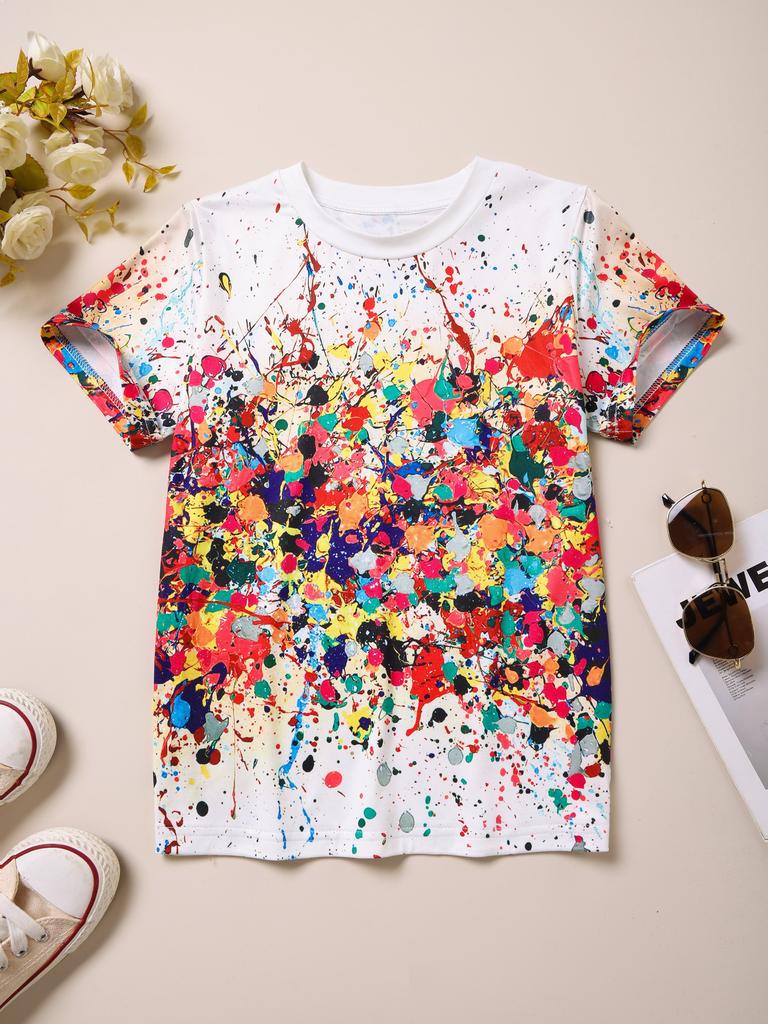 Roupas infantis Menina Camiseta Manga curta 3D Tie-Dye Print Crianças Roupas de verão Casual Desenho animado Gola redonda Roupas infantis Tops