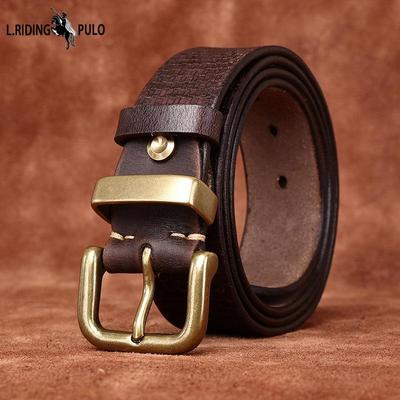Cinturón de hombre de piel de vaca de primera capa con hebilla de latón, estilo retro, lavado y desgastado, con personalidad, moderno y grabado en relieve