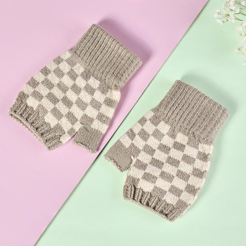 Warm Gloves Knitted Half-finger Plaid Cold-proof Gloves for Women Winter