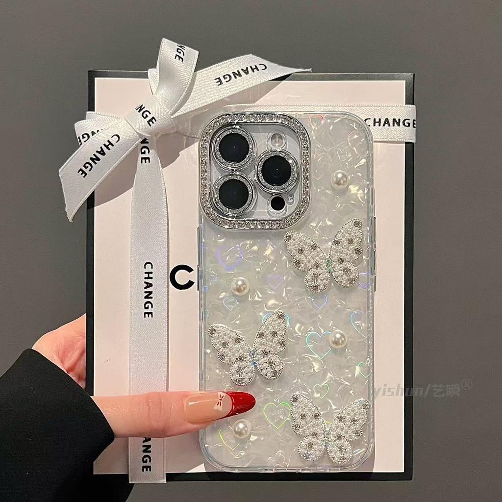 Applicable to Apple 17ProMax rhinestone pearl butterfly mobile phone case iPhone15 shell pattern 14 laser anti-drop cover
