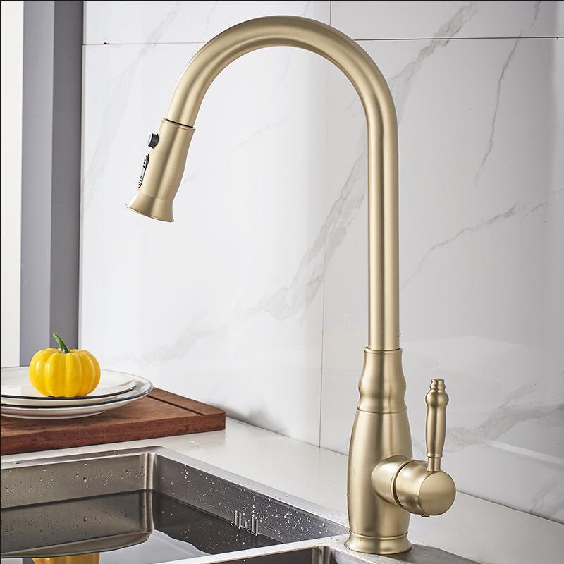 Elegant European-Style Brass Kitchen Faucet with Pull-Out Sprayer for Hot and Cold Water