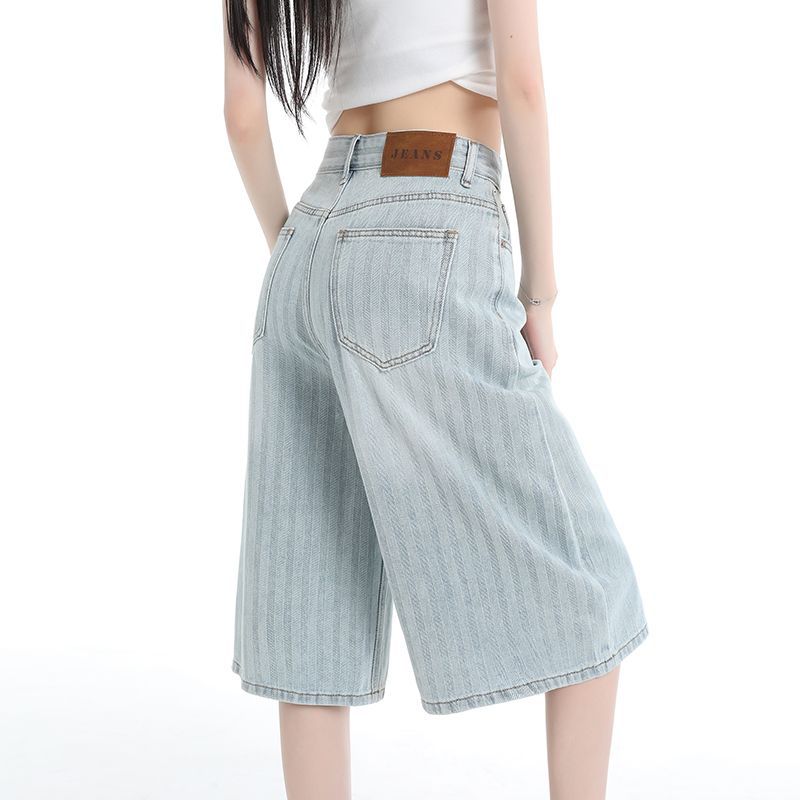 Fashion Striped High Waist Loose Wide Leg Straight Five Points Cropped Capri Denim Pants For Women Versatile Slimming FigureFlattering Design