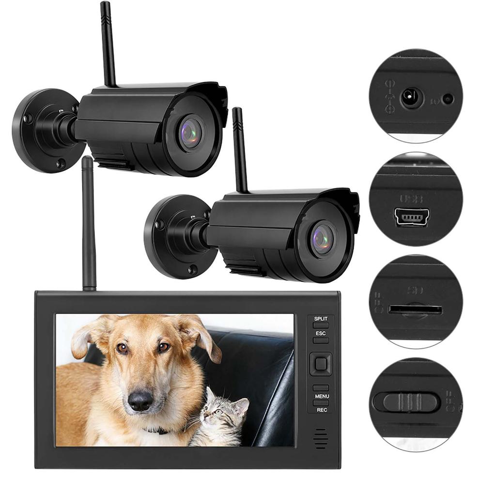 7 Inch LCD Wireless 4CH Security Monitor System Display+Camera 2pcs IR Cameras Memory Card